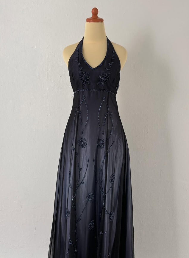 Vintage A Line V Neck Beads Satin Long Prom Dress Evening Dress DP1389