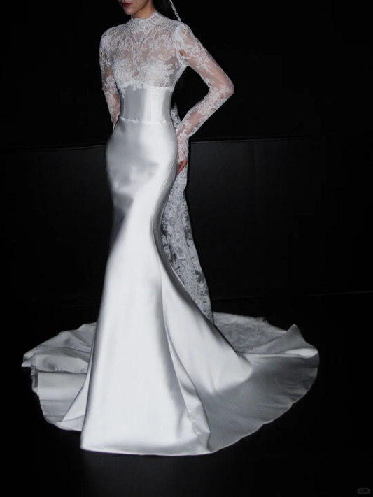 Classic Mermaid Long Sleeve White Lace Satin Long Wedding Dress DP5792