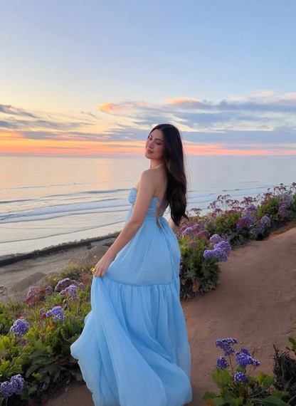 Sky Blue A Line Strapless Tulle Prom Dress Evening Dress Vacation Dress DP5606