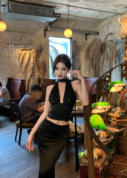 Black Sexy Two Piece Halter Sequin Satin Long Prom Dress Evening Dress Party Dress DP3136