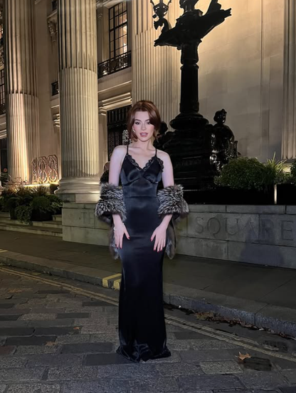 Sexy Sheath Spaghetti Strap Lace Satin Long Prom Dress Wedding Guest Dress DP4319