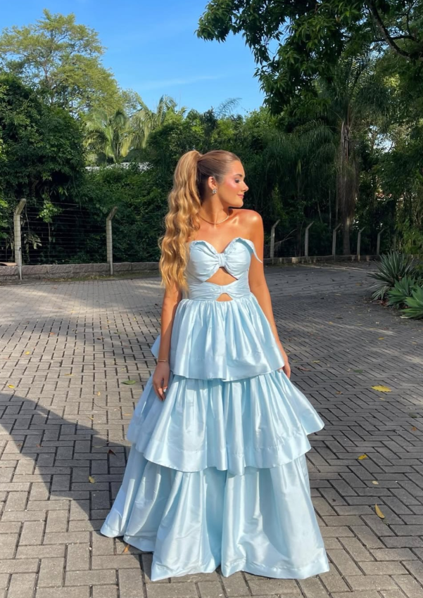 Cute Baby Blue A Line Strapless Layered Satin Long Prom Dress Evening Dress DP6765