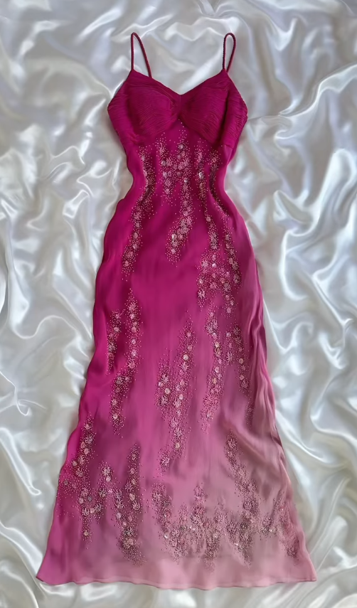 Vintage Elegant Pink Ombre A Line Straps Beaded Chiffon Prom Dress DP5074