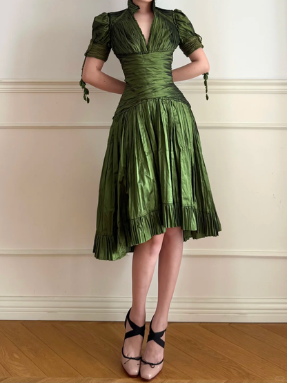Vintage Green V Neck Pleated Satin Open Back Homecoming Dress Outfits DP5137