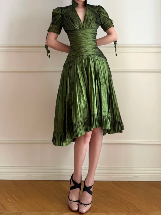 Vintage Green V Neck Pleated Satin Open Back Homecoming Dress Outfits DP5137