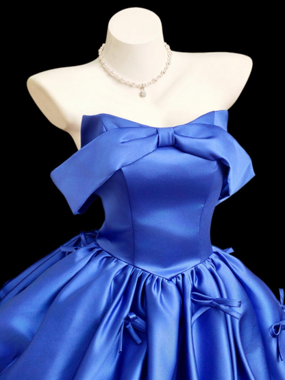 Cute Royal Blue A Line Strapless Bow Satin Short Prom Dress Homecoming Dress DP6633