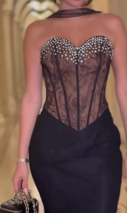 Sexy Mermaid Sweetheart Neck Beaded Black Tulle Long Prom Dress Evening Dress DP4333