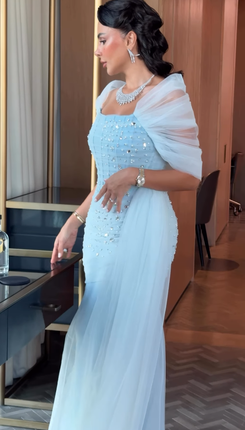 Gentle Blue Mermaid Off the Shoulder Beaded Tulle Prom Dress Evening Dress DP4341