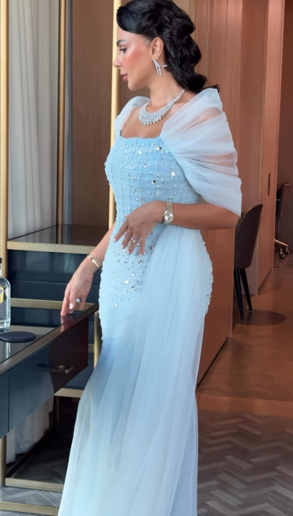 Gentle Blue Mermaid Off the Shoulder Beaded Tulle Prom Dress Evening Dress DP4341