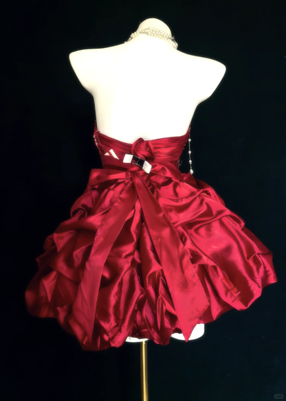 Vintage Burgundy A Line Strapless Beaded Pleated Satin Short Homecoming Dress DP4719