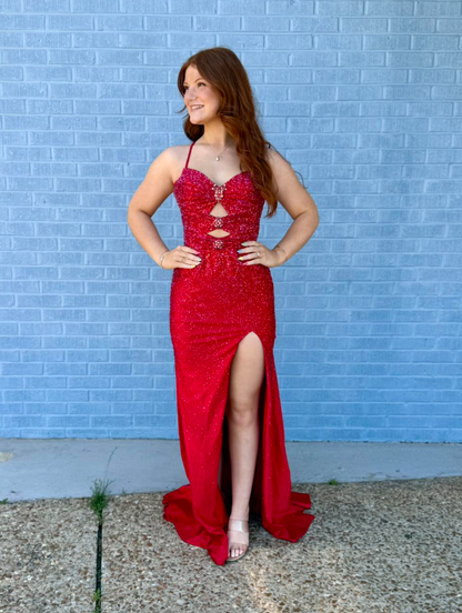 Dazzling Red Mermaid Straps Exquisite Beaded Satin Slit Long Prom Dress Evening Dress DP6268
