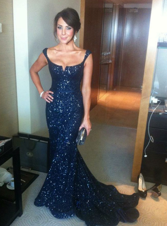 Navy Blue Mermaid Spaghetti Strap Sequin Long Prom Dress Wedding Guest Dress DP4320