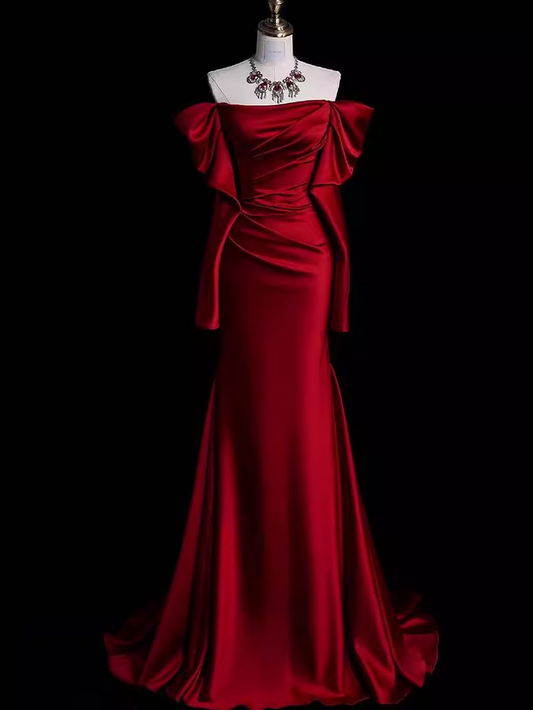 Off The Shoulder Burgundy Long Satin Prom Dress Mermaid Evening Dress DP133