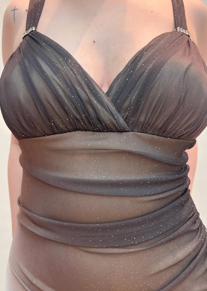 Vintage Brown Ombre Sheath Straps Ruffle Chiffon Prom Dress Evening Dress Date Dress DP5273