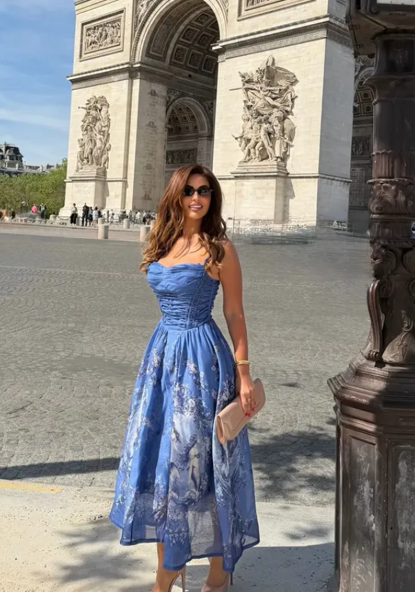 Blue Print Floral A Line Spaghetti Straps Chiffon Prom Dress Party Dress DP5801