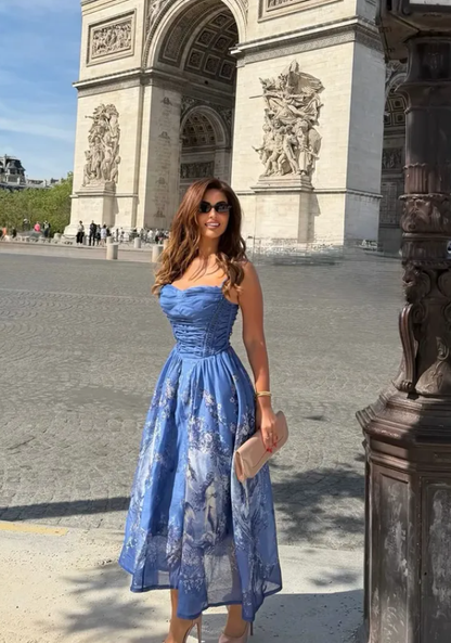 Blue Print Floral A Line Spaghetti Straps Chiffon Prom Dress Party Dress DP5801