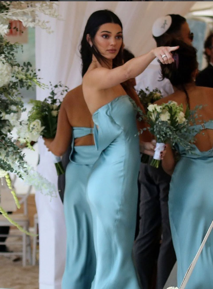 Simple Ice Blue A Line Strapless Satin Backless Long Bridesmaid Dress DP4969