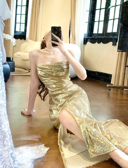 Shiny Golden Mermaid Spaghetti Strap Sequin Prom Dress 16th Birthday Dress with Slit DP3570