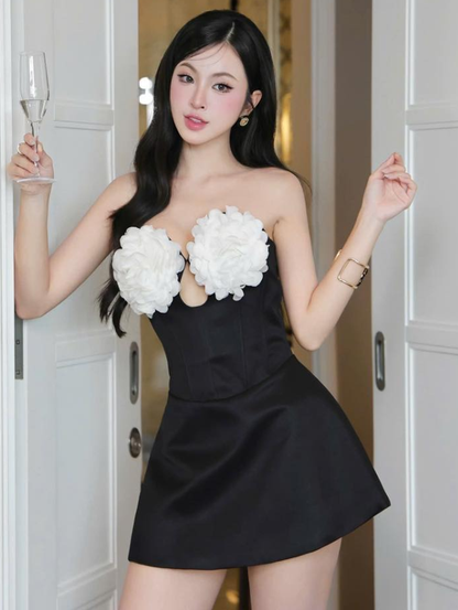 Cute Black-white A Line Strapless Satin Short Homecoming Dress Cocktail Dress DP3941