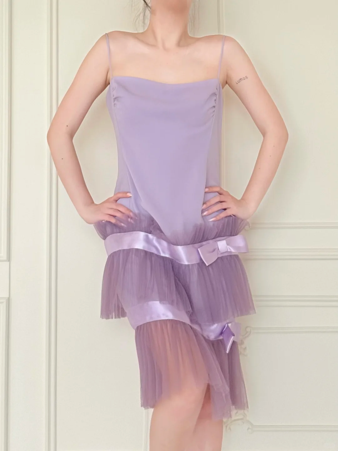 Lilac A Line Spaghetti Strap Satin Layered Tulle Short Prom Dress Homecoming Dress DP5431