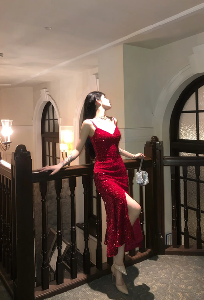 Sexy Red Sheath Spaghetti Straps Sequin Prom Dress Evening Dress DP5767