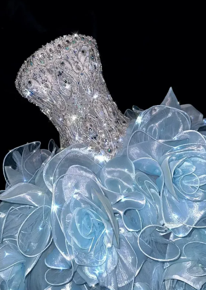 Blue Ball Gown Strapless Exquisite Rhinestone Unique Organza Prom Dress DP4633