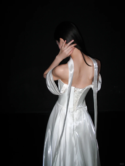 Elegant A Line Off the Shoulder White Pleated Satin Long Wedding Dress DP8105