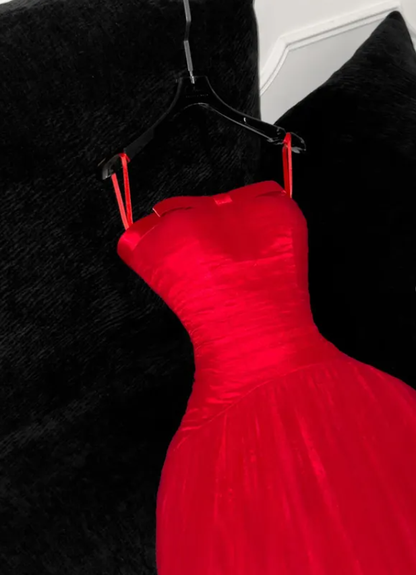 Charming A Line Strapless Simple Red Tulle Prom Dress DP4641