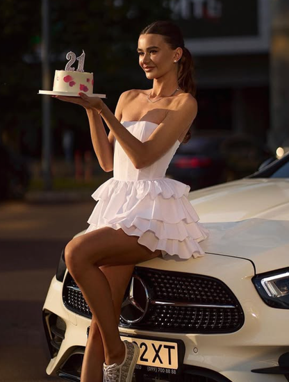 Simple White A Line Strapless Corset Layered Satin Short Homecoming Dress Outfits DP6010