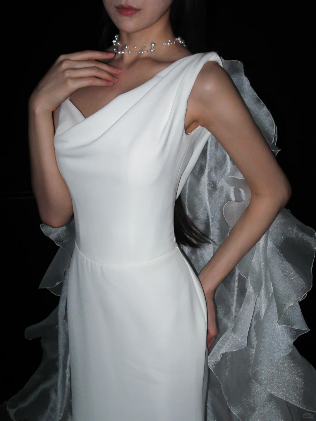 Unique A Line Spaghetti Strap White Ruffle Tulle Satin Long Train Wedding Dress DP8102