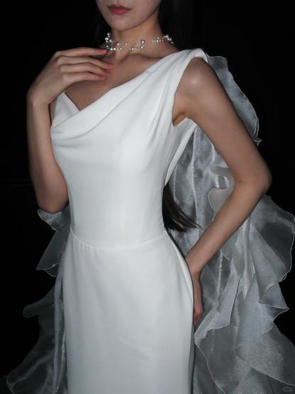 Unique A Line Spaghetti Strap White Ruffle Tulle Satin Long Train Wedding Dress DP8102