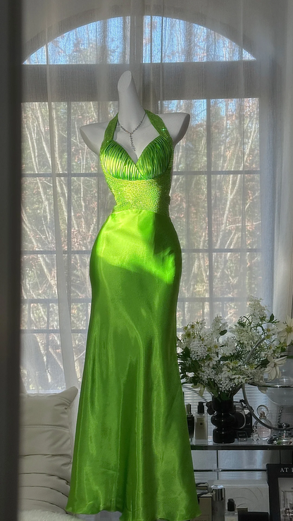 Vintage Charming Mermaid Halter Green Beaded Satin Open Back Long Prom Dress DP4716