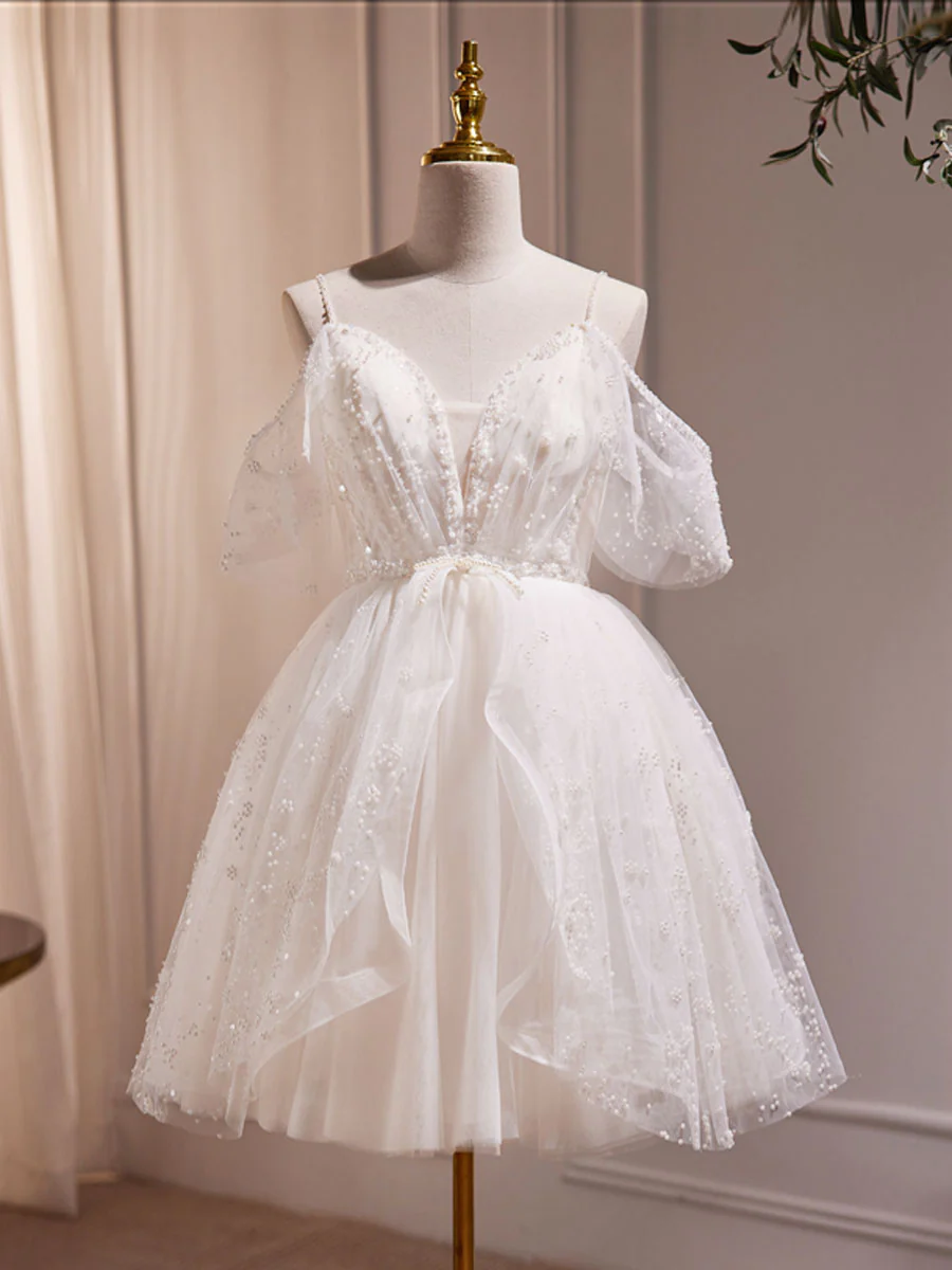 Beautiful Tulle Beading White Homecoming Dress Short Prom Dress DP051