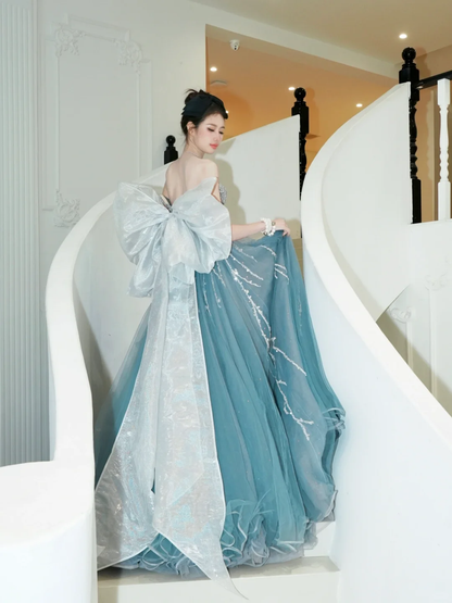 Dreamy A Line Sweetheart Neck Sequin Blue Tulle Long Party Dress Evening Dress with Bow DP2550
