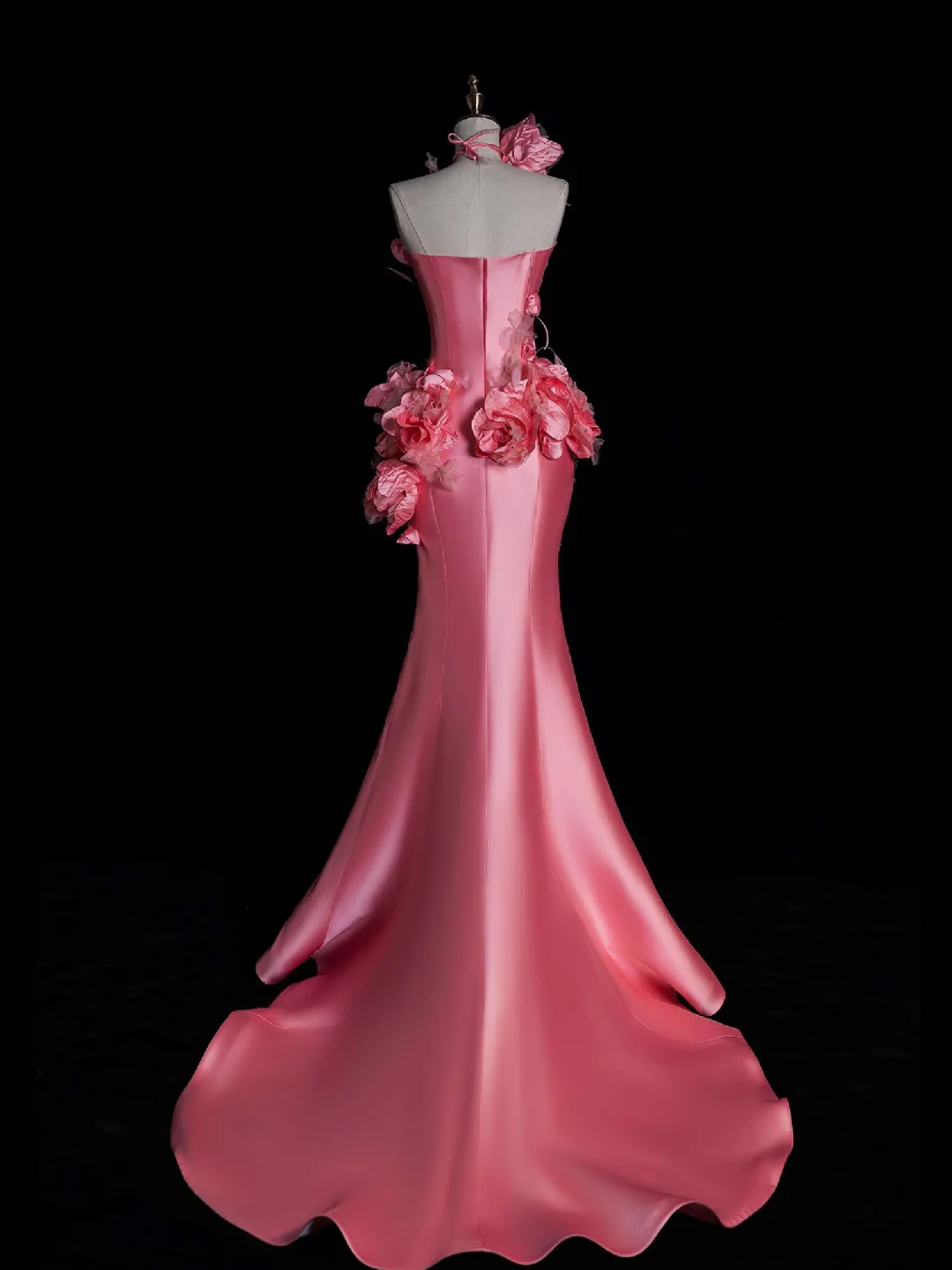 Unique Mermaid Strapless Pink Flower Satin Long Prom Dress Evening Dress DP2096