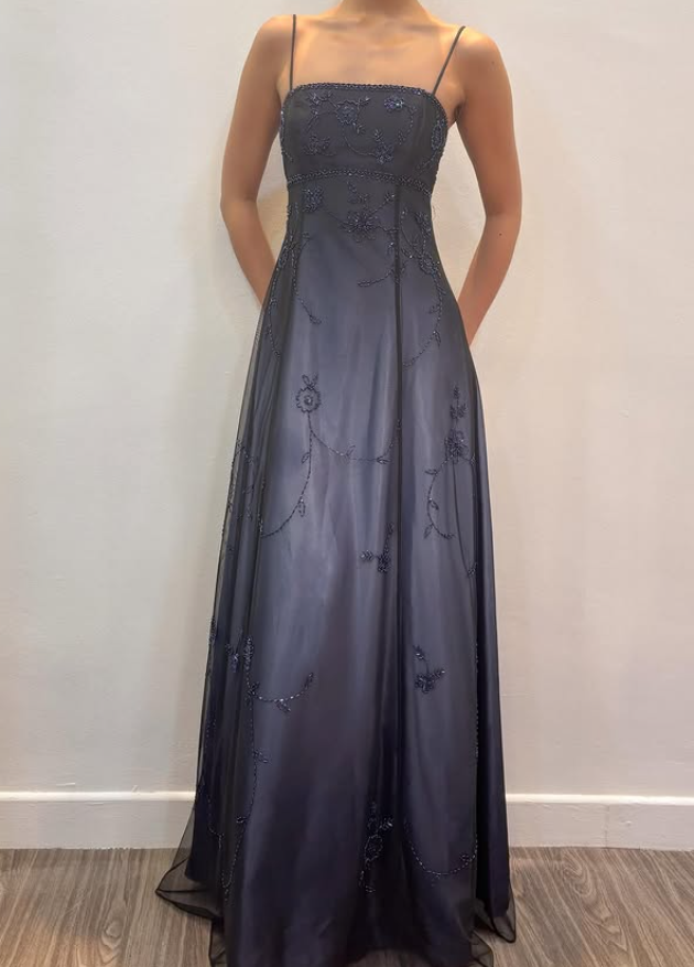 Vintage Blue Ombre A Line Spaghetti Straps Tulle Satin Prom Dress DP4830
