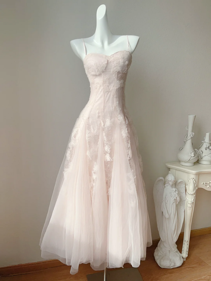 Gentle A Line Spaghetti Straps Light Pink Appliques Tulle Party Dress Cocktail Dress DP2706