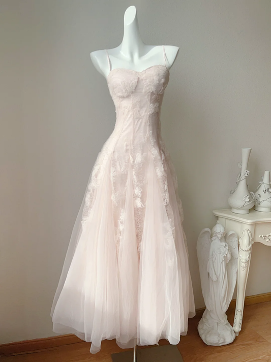 Gentle A Line Spaghetti Straps Light Pink Appliques Tulle Party Dress Cocktail Dress DP2706