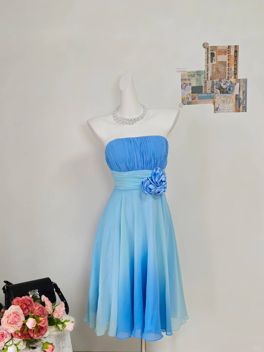 Vintage A Line Strapless Blue Ombre Chiffon Short Homecoming Dress Outfits DP5012