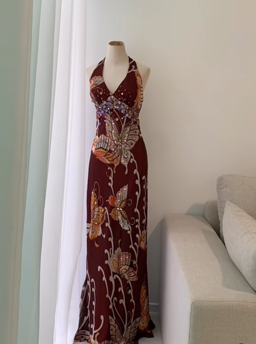 Vintage A Line Halter Beaded Sequins Chiffon Evening Dress Prom Dress DP1515