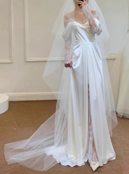 Classic A Line Off the Shoulder Lace White Satin Wedding Dress with Slit DP4356