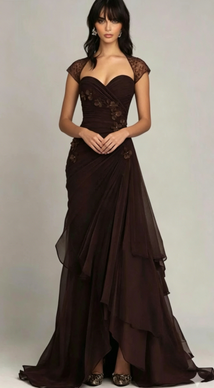 Stunning Brown Mermaid Appliques Layered Chiffon Prom Dress Graduation Prom Dress DP5101