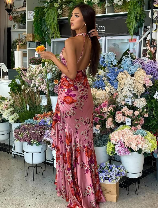 Vintage Mermaid V Neck Beaded Print Flower Satin Prom Dress Evening Dress DP1678