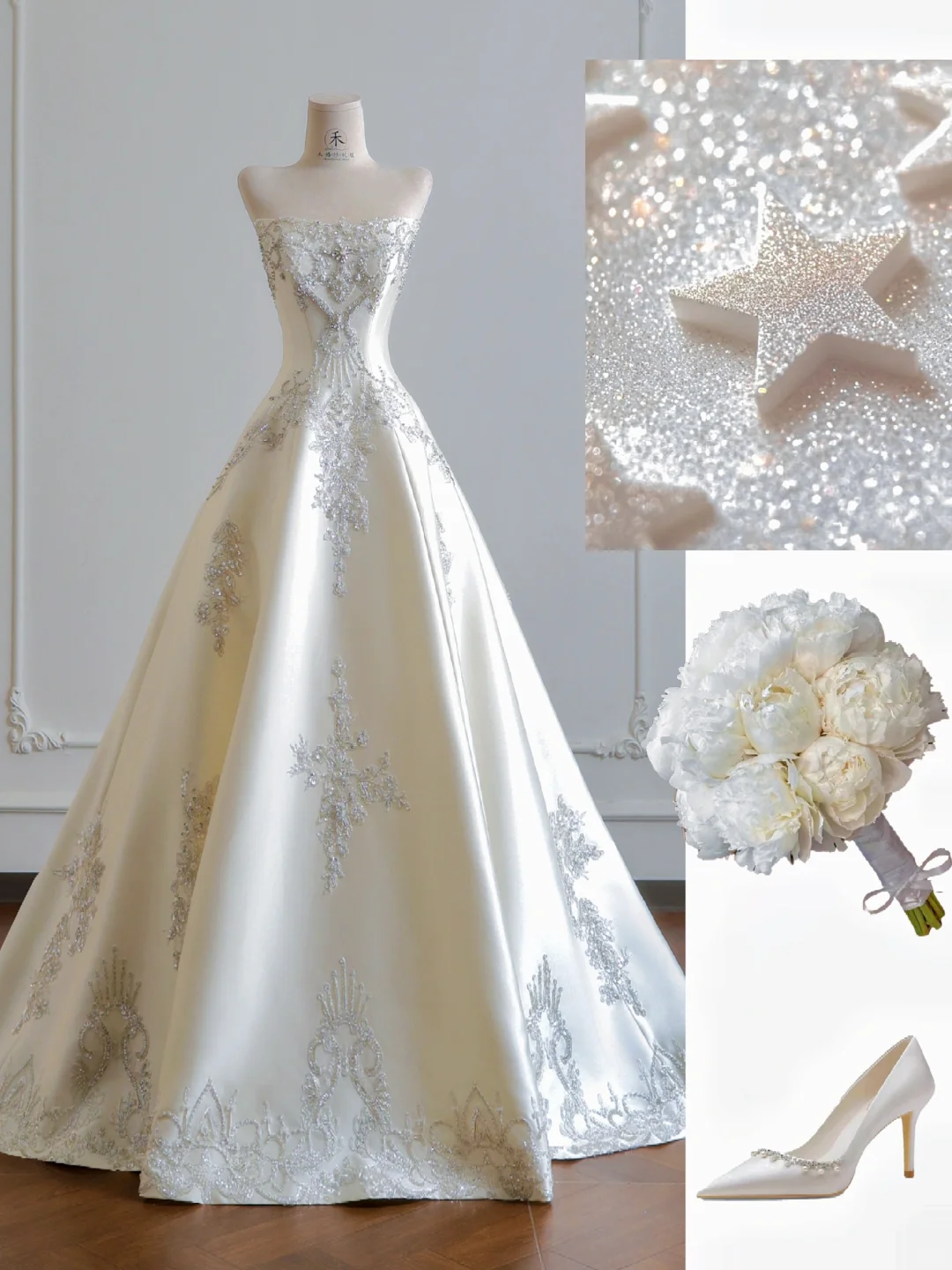 Exquisite Ball Gown Strapless Rhinestone Beaded Satin Prom Dress Wedding Dress DP3880