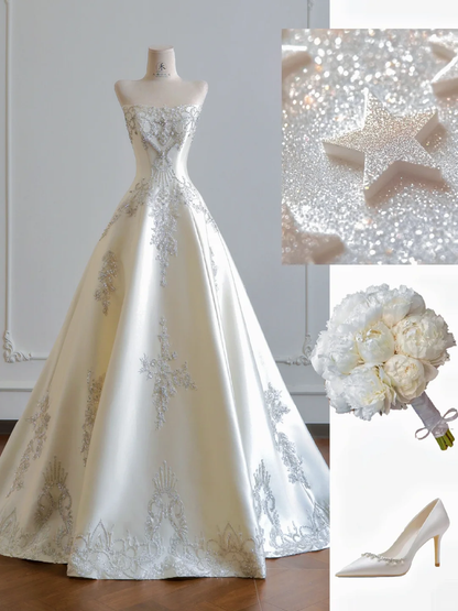Exquisite Ball Gown Strapless Rhinestone Beaded Satin Prom Dress Wedding Dress DP3880