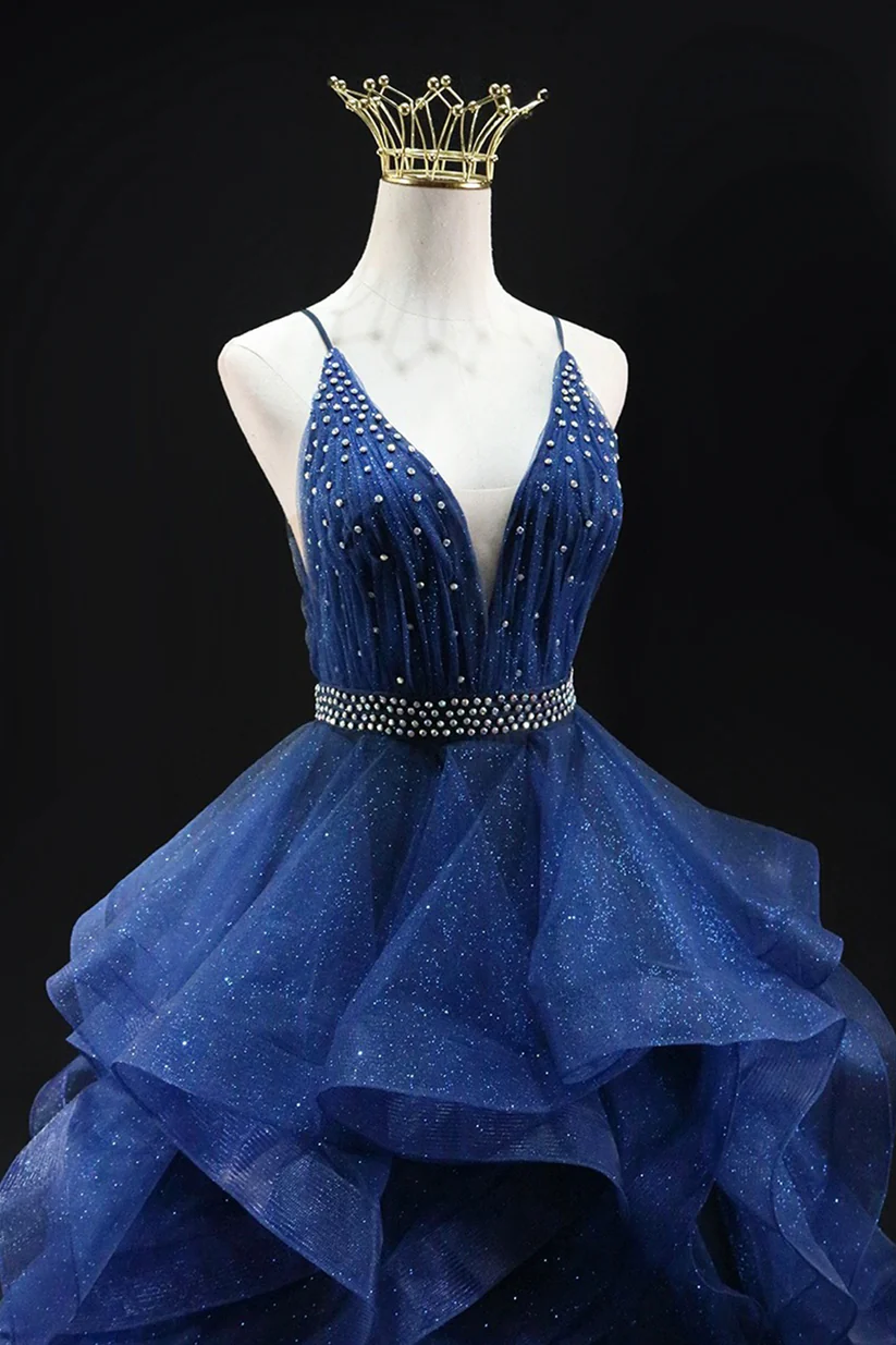 Glitter Blue Tulle Beaded Long Prom Dress V-Neck Spaghetti Strap Evening Party Dress DP484