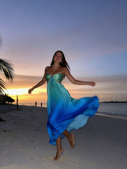 Blue Green Ombre A Line Strapless Pleated Satin Long Prom Dress Vacation Dress DP3940
