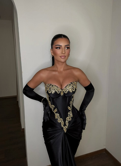 Sexy Black Sheath Sweetheart Neck Gold Beaded Satin Prom Dress DP5739