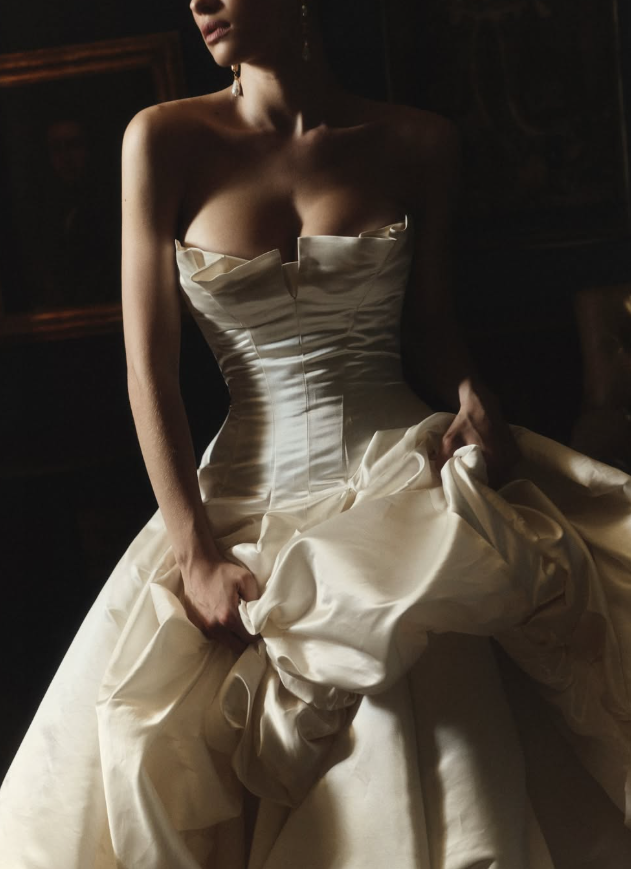 Unique Ball Gown Strapless Pleated Ivory Satin Long Train Wedding Dress DP5825