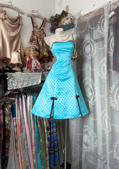 Cute Blue Vintage A Line Strapless Polka Dot Satin Short Homecoming Dress Outfits DP4996